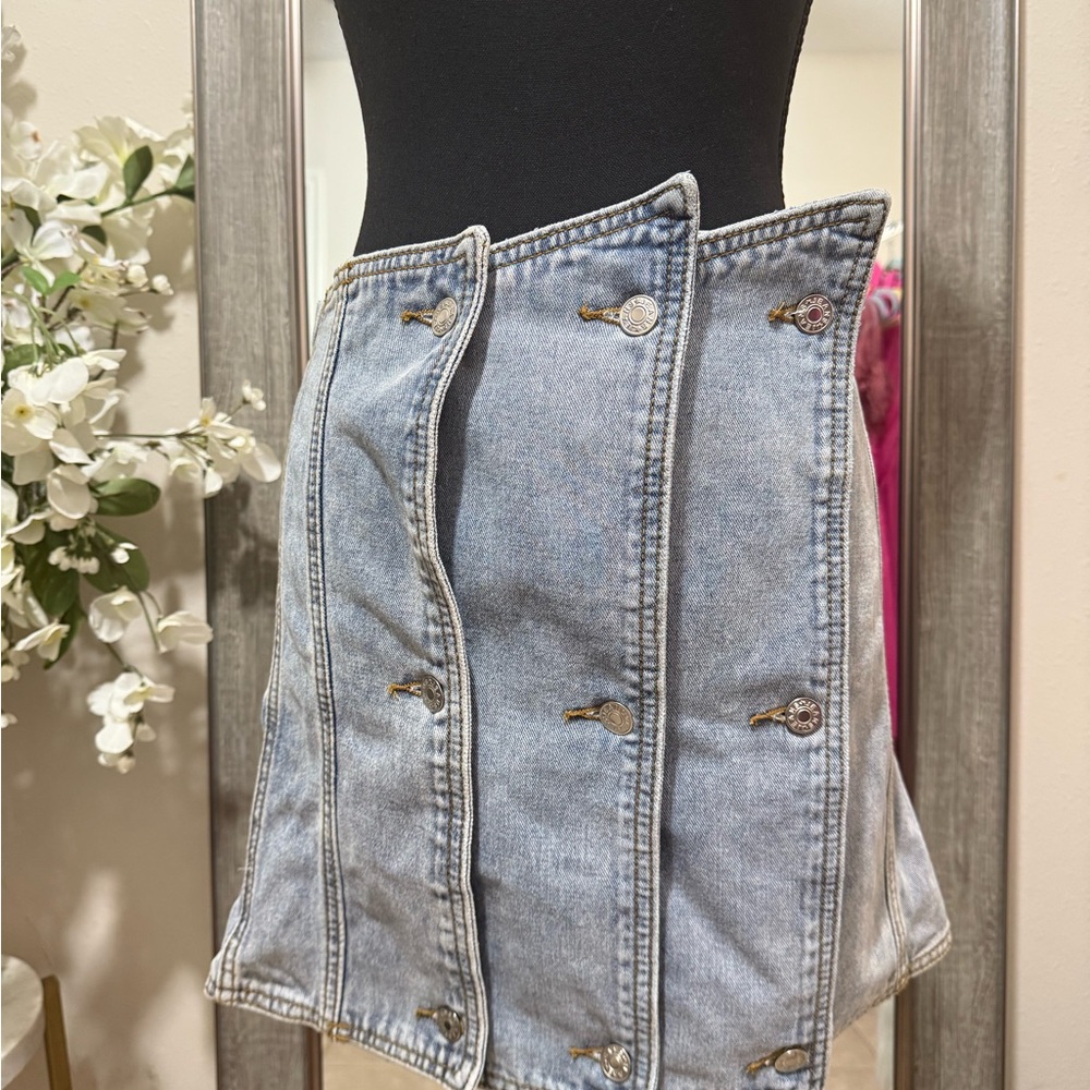 Asymmetrical Denim Skirt with Button Detail